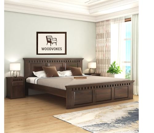 Image of Sheesham Wood Bed Without Storage Solid Wooden Cot Double Bed Furniture Elegant and Functional Bedroom Living Room Home Palang (Mahogany, Queen)