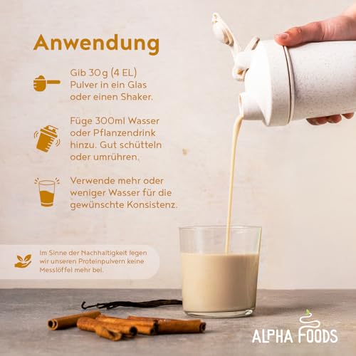 Alpha Foods Vegan Protein Pulver, 1200g, 22g Proteingehalt pro Portion, Vanille Geschmack, 40 Shake Portionen, pflanzliches Proteinpulver, optimales Aminosäurenprofil