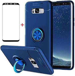 AKABEILA Tempered Glass Samsung Galaxy S8 Plus Case Screen Protector Tempered Glass, Compatible for Samsung Galaxy S8 Plus Phone Case Cover Silicone Ring Grip Holder Kickstand Carbon Fiber Shockproof