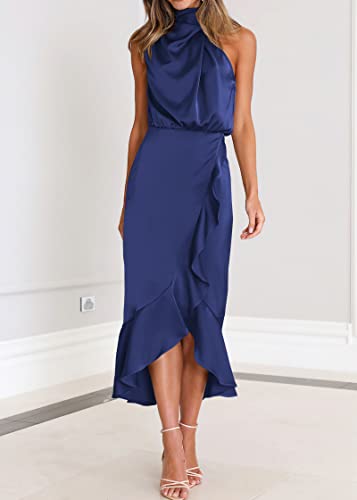 Image of KIRUNDO Women's Summer Satin Mock Neck Wedding Guest Dress