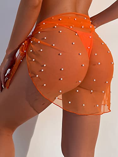 Image of GORGLITTER Women's Cover Up Sarong Wrap Skirt Bachelorette Outfits for Bride Sheer Mesh Bridal Swimsuit Pearl Bathing Suit