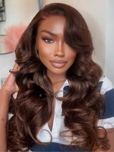 Image of Beauty Forever Pre Everything Medium Chocolate Brown Loose Wave 13x4 Lace Front Human Hair Wig Pre Plucked Pre Cut Face Framing Layers Glueless Drawstring Wear and Go Wigs 150% Density 26inch
