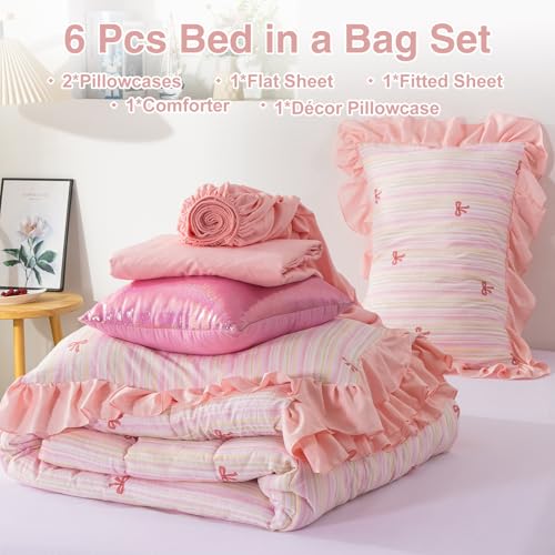 Image of A Nice Night Rainbow Stripes & Bows Bedding,6pc Ruffle Girls Twin Comforter | Princess Ruffled Seersucker Chic Design,Bed in a Bag With Sheet Sets,Light Pink Room Decor,Ultra Soft,Machine Washable