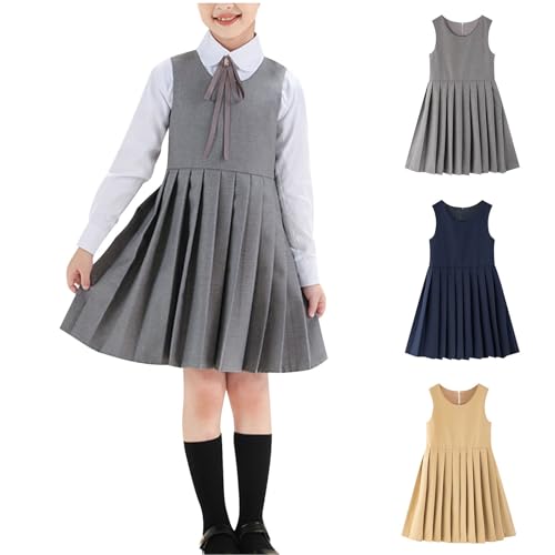 Girls Preppy Style Jumper Dress Cute Pleated Knee Length Sleeveless School Uniform Dress for Kids 3-14Y2