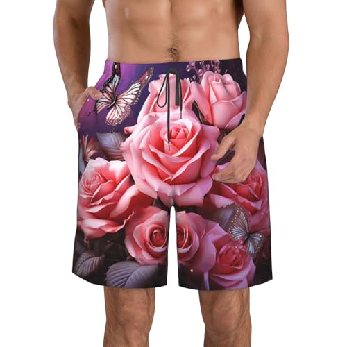 Men's Swim Trunks Quick Dry Bathing Suits Rose and Butterflies Beach Board Shorts Swimwear with Pockets