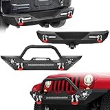 LEDKINGDOMUS Front& Rear Bumper Compatible with 07-18 Jeep Wrangler JK& Unlimited, Built-in 90W LED Light Bar w/ 2 60W Fog Light, Winch Plate and D-rings Rear Bumper w/ 2 LED & Hitch Receiver