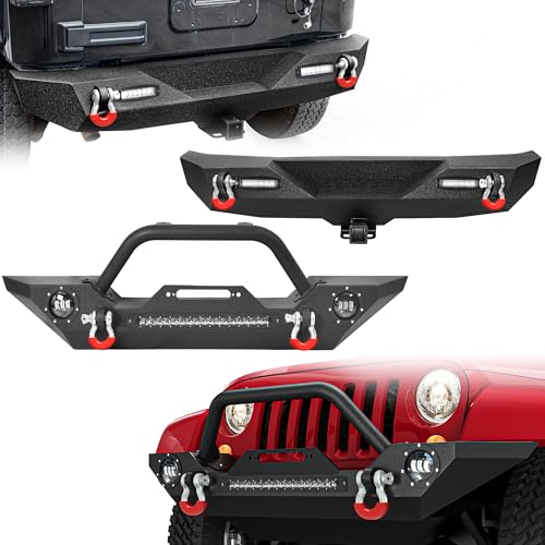 LEDKINGDOMUS Front& Rear Bumper Compatible with 07-18 Jeep Wrangler JK& Unlimited, Built-in 90W LED Light Bar w/ 2 60W Fog Light, Winch Plate and D-rings Rear Bumper w/ 2 LED & Hitch Receive