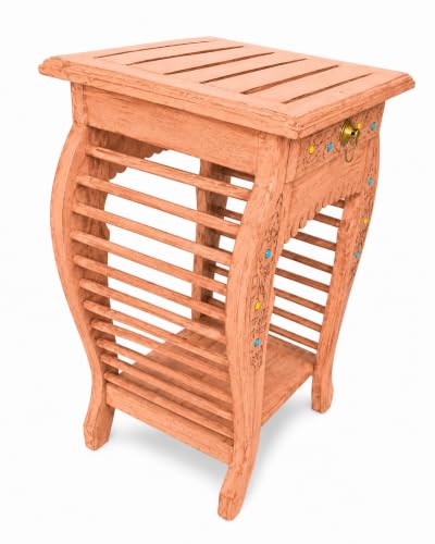 Image of Multipurpose Table Outdoor Indoor Stool Flower Vase Stool with One Drawer Material Mango Wood Size 30.5CM x 30.5CM x 53.3CM (Lite Orange Antique)