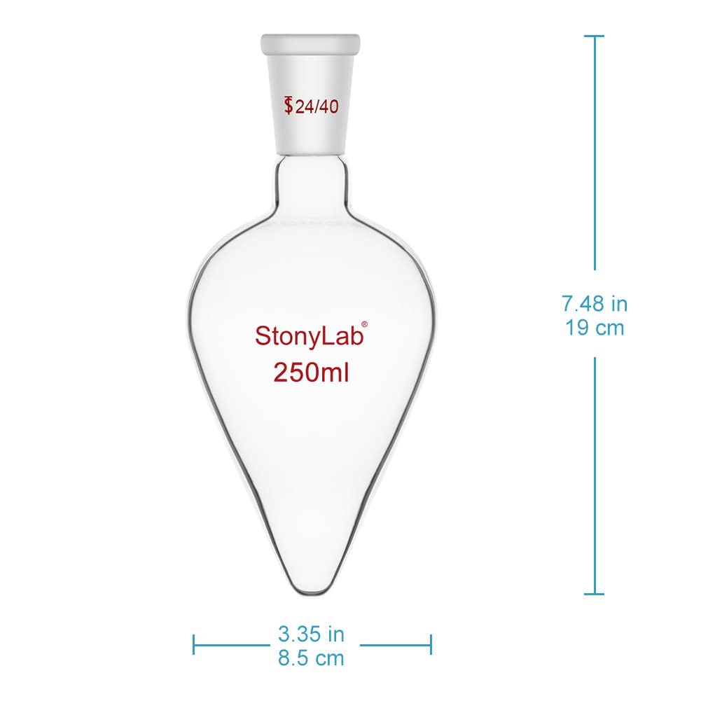 stonylab Flacon de Récupération, Flacon Évaporateur Rotatif en Verre Borosilicate à Paroi Épaisse col Unique avec Joint Extérieur Conique Standard 24/40, Flacon Laboratoire en Forme de Poire, 250 ml