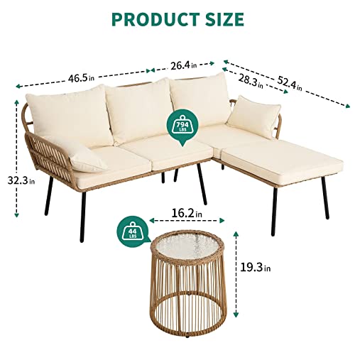 Image of LOCCUS 4-Piece Rattan Patio Sofa Set, All-Weather Wicker Conversation Furniture with Cushions & Center Table for Garden, Balcony, Poolside, Lawn, Porch, Indoor & Outdoor Use (Beige)