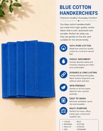 Image of Calvero Cotton Solid Handkerchief for Men and Boys, Super Absorbent Hanky, Black, Blue, Orange,Red,White,Yellow, 3 Pack