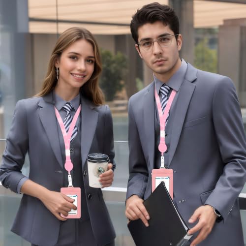 Image of Conisy ID Badge Holder with Retractable Lanyard, Vertical PU Leather ID Badge Card Holder with 2 Card Slots for Women Men (ID Badge Holder Pink)