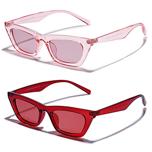 VANLINKER Polarized Small Trendy Skinny Cat Eye Sunglasses Women Retro Tiny Colorful Shade 2 Pack Pink+Red