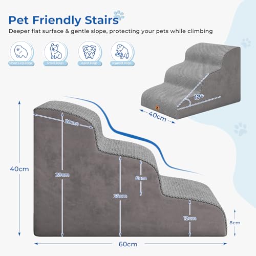 Hundetreppe für kleine Hunde, 3 Stufen 40cm Hoch Haustiertreppe, Waschbar rutschfest, Katzentreppe für Alte Katzen Für Bett, Sofa, Couch Grau