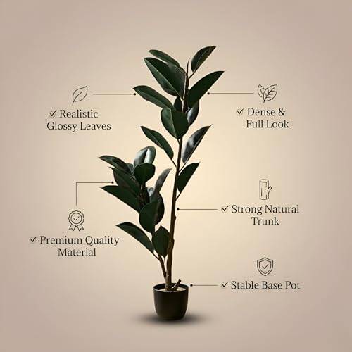 Image of Kayra Decor Artificial Rubber Plant 4ft with Pot - Ficus Elastica Tree | Faux Indoor Plant for Living Room, Office, Balcony & Home Decor
