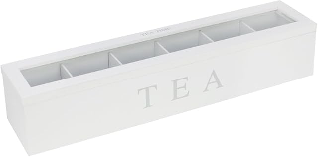 com-four® Tea Bag Storage Box - White Wooden Box with Viewing Window - Tea Box Made of Wood with 6 Compartments for up to 90 Tea Bags (01 pieces - 43x9x8.7cm white)