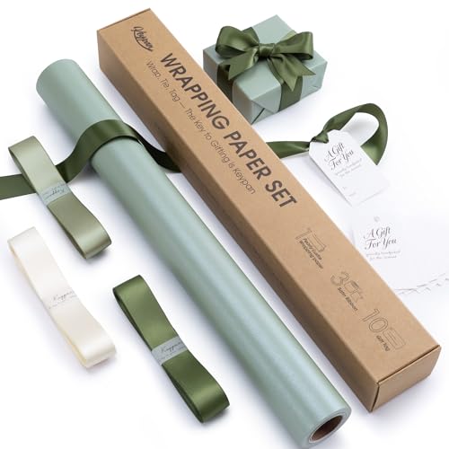 Keypan Sage Green Wrapping Paper Roll 17 x 33 Ft with Cutting Lines Gift Wrap Set with Ribbon & Tags for Christmas Birthday Wedding Baby Shower Bridal Shower Spring