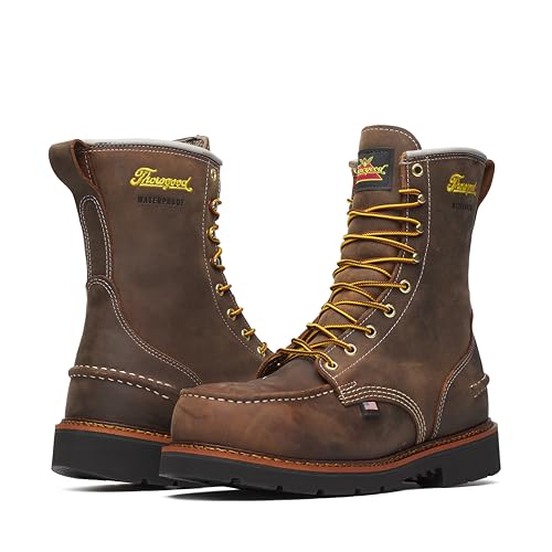Thorogood 1957 Series 8” Waterproof Steel Toe Work Boots for Men - Full-Grain Leather with Moc Toe, Slip-Resistant Heel Outsole, and Comfort Insole; EH Rated3