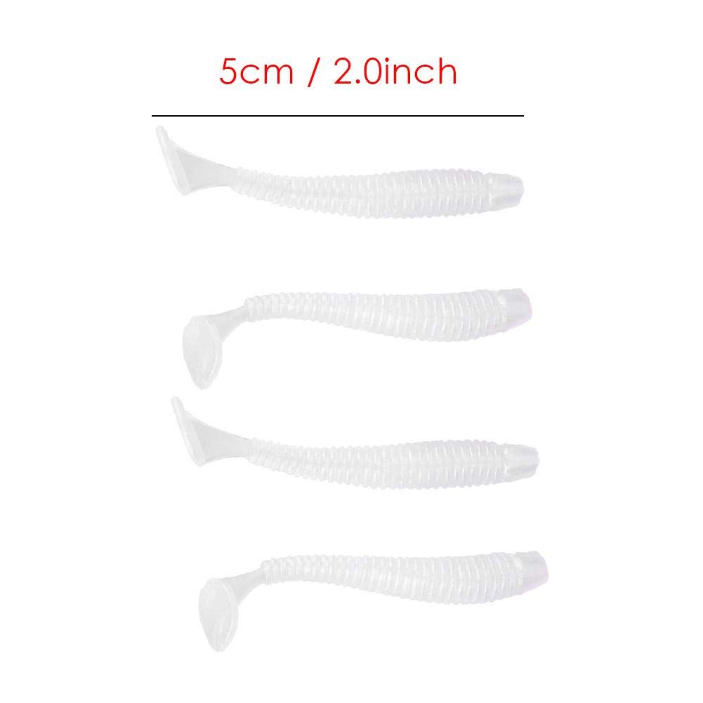 50 Pcs 5cm Señuelos de Pesca Suave Cebos de Pesca Artificiales Agua Dulce, Cebo de Pesca Plástico T Tail Grub Cebos de Gusano Accesorio de Aparejo de Pescado(Blanco Perla)