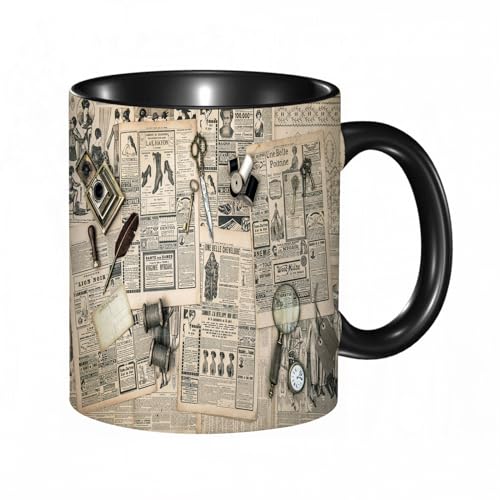 DHAEY - DHAEY Funny Novelty Mug Antique Accessories Sewing and Writing Tools Vintage Fashion Magazine for The Woman. Collectibles. Retro Style Birthday or Fathers Day Present - Ceramic Coffee Cup, 14OZ Mug