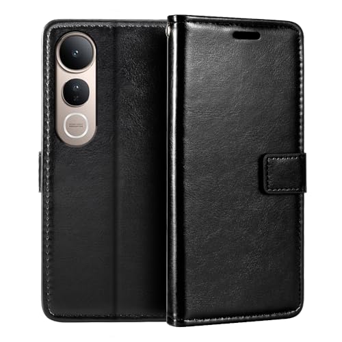 PU���U�[�蒠�^�P�[�X �Ή�Vivo V50 Lite 4G�Ƃ̌݊�������A�J�[�h���[�E�}�O�l�b�g���E�X�^���h�@�\�t���t���b�v�J�o�[�őS�ʕی� (�u���b�N)