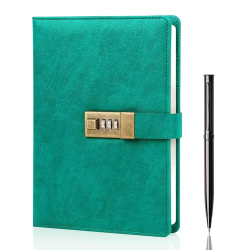 Image of Diary with Lock, A5 PU Leather Journal with lock, 240 Pages, Vintage Lock Journal with Pen & Gift Box, Lockable Diary for Women and Men, 8.6 x 5.8 Inches (Green)