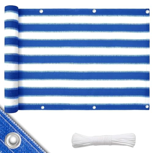 Floordirekt Balkon Sichtschutz ohne bohren wetterfeste Balkonverkleidung Inkl. Befestigungsschnur, robuste Balkonabdeckung, Balkonbespannung 90x500cm (Gestreift Blau-weiß)