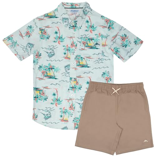 Image of Tommy Bahama Boys Hawaiian Button Down Short Sleeve Shirt & Elastic Waist Shorts Set, Casual 2-Piece Summer Outfit for Kids