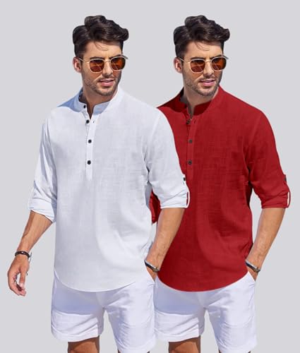 Image of Men's Cotton Blend Straight Kurta Shirt Combo with Mandarin Collar - Slim Fit Casual Short Kurti Set Featuring Textured Slub Fabric and Roll-Up Full Sleeves