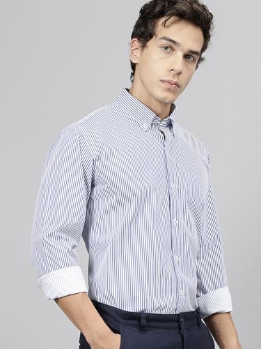 Image of Hancock Standard Slim Fit Striped Button-Down Collar Pure Cotton Casual Shirt(9607White-Red)