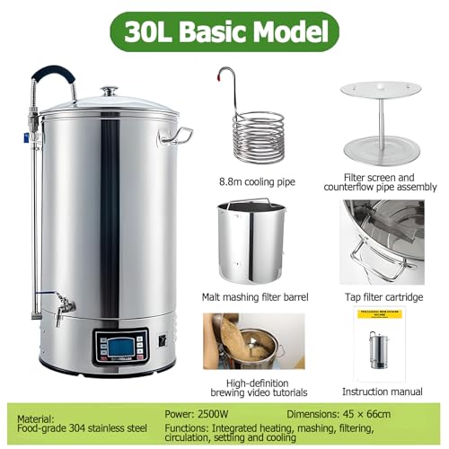 Eléctrica de cerveza casera de 30L/40L/60L con modo automático/manual, dispositivo de ebullición de puré, potencia de 100-2500W, temperatura de 25-100 ℃, temporizador de 1-180 minutos para elaboración