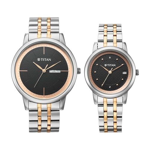 Image of Titan Bandhan Eternal Pair Analog with Date and Black Dial Dual Tone Stainless Steel Strap Watch for Couples - 19672967KM01