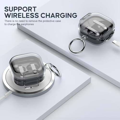 Image of Hybrid Transparent Case for Samsung Galaxy Buds 4 and 4 Pro with Metal Keyring, Built-in Phone Stand, Locking-Switch Cover (Transparent Black, Clear Lock with Stand)