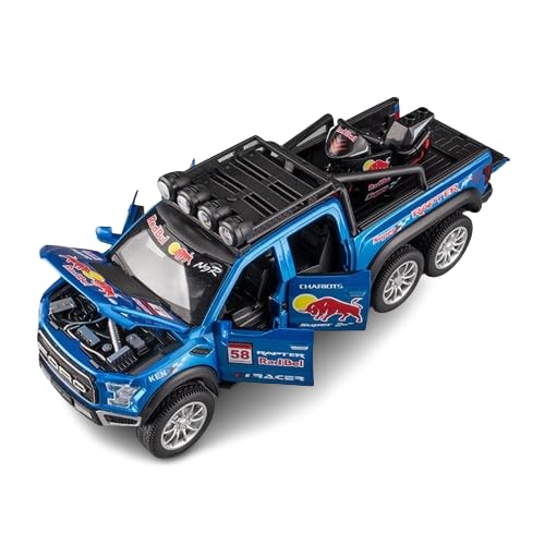 Image of Diecast Car Model 1 /28 Ford Raptor F150 Pick-up, Blue, 6-Wheel Drive, Opening Doors, Pull-Back, Unisex, Children, Adult Collectors