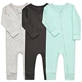 Aablexema Baby Cotton Fooltess Pajamas with Mitten, 3-pack Infant Romper Zip Up One Piece Jumpsuits Outfit(Light Grey&Black Grey&Mint,6-12m)