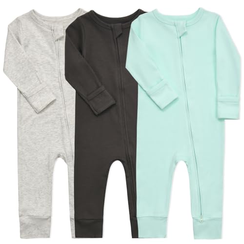 Image of Aablexema Baby Cotton Fooltess Pajamas with Mitten, 3-pack Infant Romper Zip Up One Piece Jumpsuits Outfit