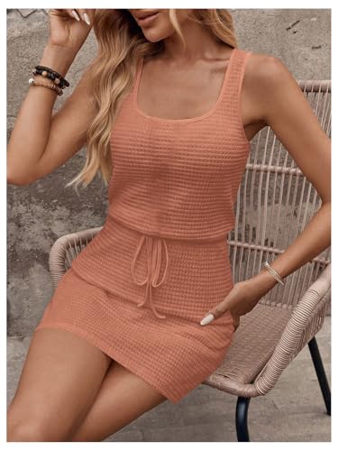 Image of RoseSeek Women's Waffle Knit Belted Tank A Line High Waisted Dresses Square Neck Sleeveless Summer Short Dress