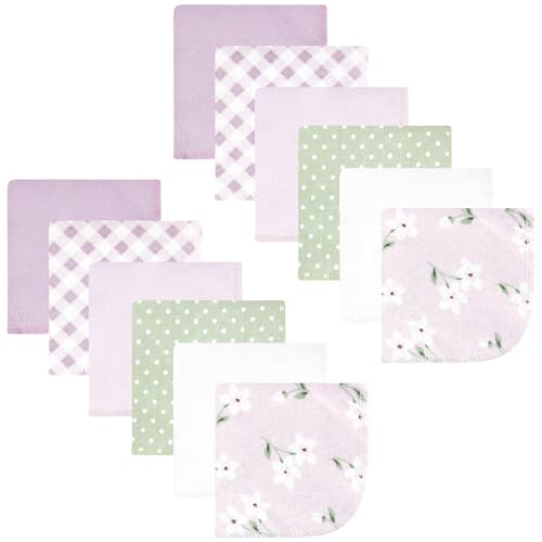Image of Hudson Baby Unisex Baby Flannel Cotton Poly Washcloths, Purple Dainty Floral 12 Pack, One Size