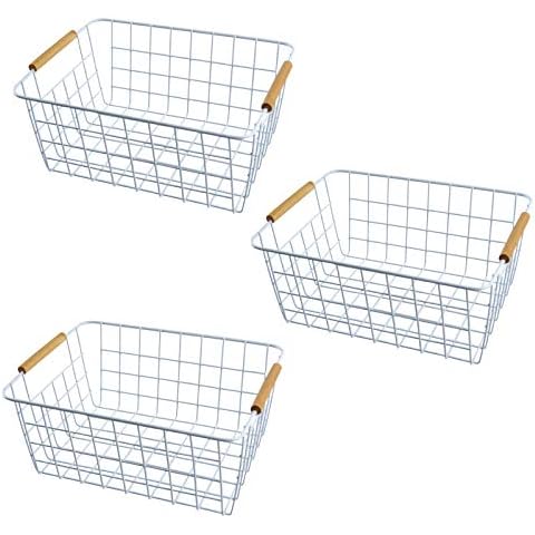 3 Pack Wire Storage Baskets, Storage Baskets Organizing Bins with Wood Handle for Pantry, Bathroom, Freezer Cover