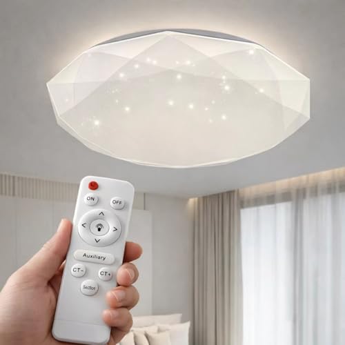 HUA QIANG WANG 3-Color LED Ceiling Light with Remote, Dimmable Flush Mount Ceiling Lamp, Diamond-Style PVC Plastic Shade, Adjustable Brightness & Color Temperature(40cm)