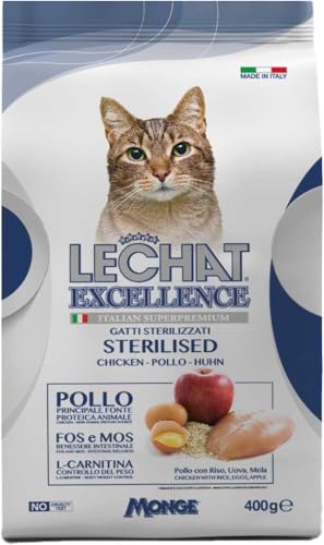 Excellence Crocchette Croccantini per Gatto Sterillizato, Pollo, Uovo, Mela, Benessere Intestinale, L-Carnitina Controllo Del Peso, Pack 5 Confezioni da 400 gr