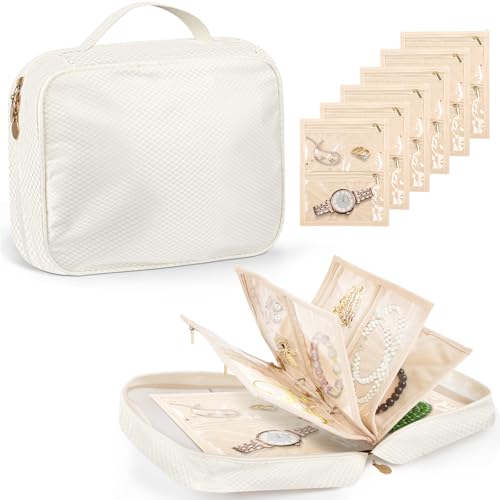 Travel Jewelry Organizer, Jewelry Storage Case Box with 6 Transparent Portable Clear Zipper Velvet Pouches for Earrings, Necklaces, Rings, Bracelets, Traveling, Gifts for Women (Beige)