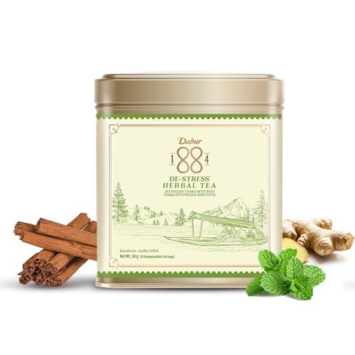 Imagen de Té de hierbas Dabur 1884 De-stress 20 bolsitas de té  Ingredientes 100% naturales Lata de aluminio reciclable Té para aliviar el estrés