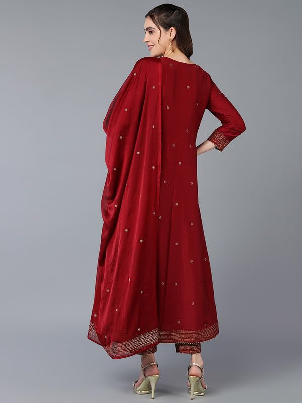 Image of Vaamsi Women's Silk Blend Yoke Design Solid Flared Kurta Pant With Dupatta