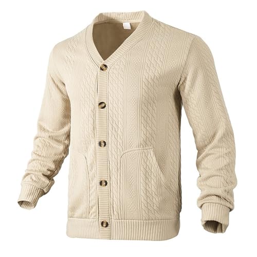 DGHM-JLMY Men's V Neck Casual Button Down Sweaters Cable Knit Jacquard Cardigan Jacket Fall Winter Outwear with Pockets3