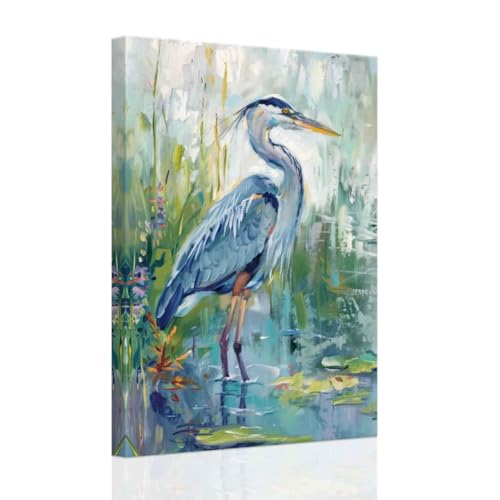 SWQYLB Blue Heron Pictures Wall Art Sea Bird Canvas Print Beach Animal Painting Coastal Sea Shore Bathroom Decor Framed (Green, (12.00