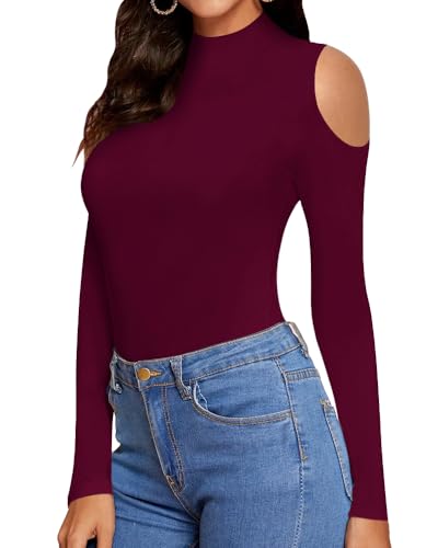 Image of MANGOPOP Long Sleeve Body Suits Mock Turtleneck Sexy Cold Shoulder Cutout Going Out Tops, Burgundy, X-Large