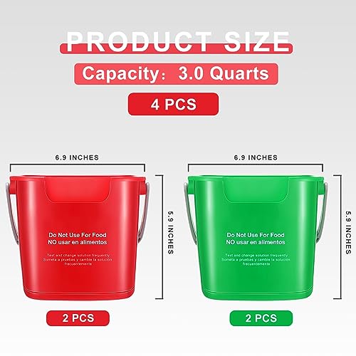 Image of Yaomiao 4 Pcs Cleaning Bucket 3 Qt Sanitizing Bucket,Red, Green | Restaurant Small Square Detergent Pail with Measurements Spout and Handle, for Home, Kitchen, Office, Commercial Use