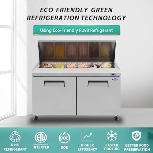 Image of Commercial Refrigerators,60 inch Cold Storage Worktop,Steel Sandwich & Salad Prep Table with Butcher Block and Protection Lid,Defrost System,16 Pans Up to 4 inch Deep,for Restaurant,Bar,ETL Certified,Silver
