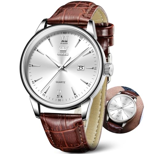 OLEVS Brown Leather Watches for Men Classic Big Face Brown Men's Watches Waterproof with Day Date Large Men White Dial Simple Quartz Casual Wrist Watch Reloj para Hombres